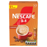 Nescafé - 3in1 Caramel - 6 x 16g provides a creamy coffee experience with its instant coffee box containing six sachets. The packaging showcases a red cup alongside coffee beans and is priced at £1 RRP.